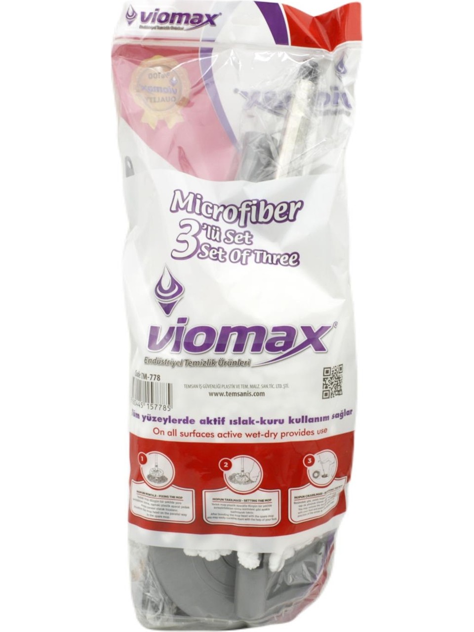 360° Döner Başlıklı Mikrofiber Mop Seti – 110 cm Uzunluk, Tek Yedek Bezli